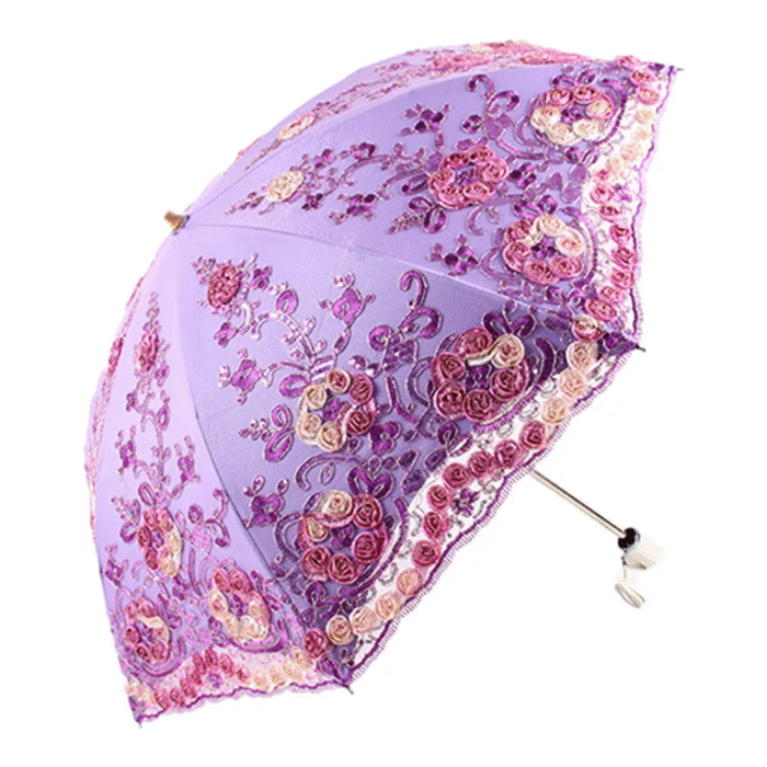 Fashion Deluxe Flower Umbrella Deluxe Double Folding Lace Embroidery Umbrella Bi-Fold Tethered Vinyl Sunshade Umbrella - PL 8