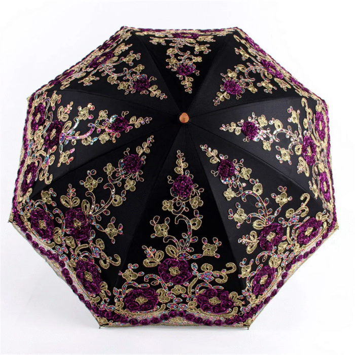 Fashion Deluxe Flower Umbrella Deluxe Double Folding Lace Embroidery Umbrella Bi-Fold Tethered Vinyl Sunshade Umbrella 10