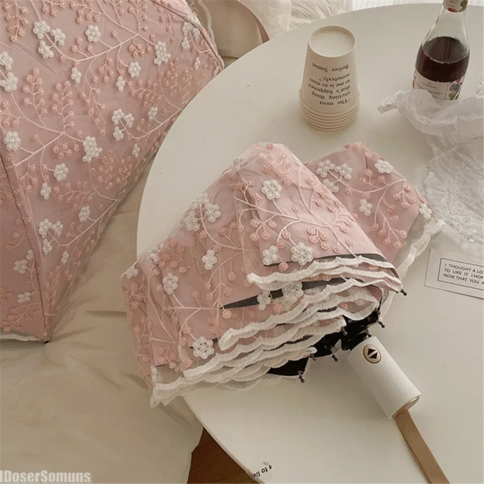Full-automatic Lace Sun Umbrella 2 Layers Embroidery Sunshade Anti-ultraviolet Folding Umbrella Rain or Shine Women Girl Gift 4