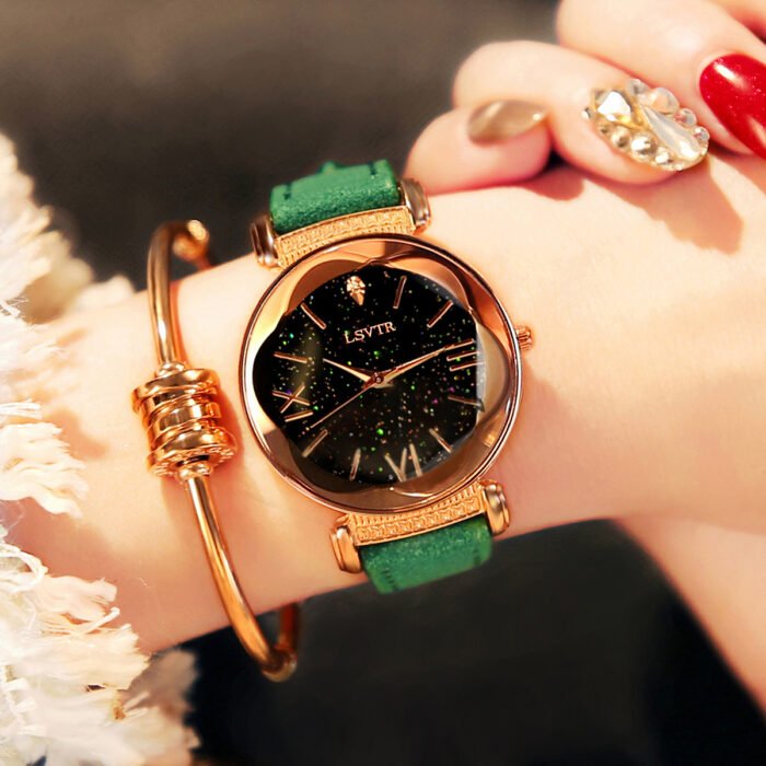 Soft Leather Straps Flower Circular Dial Wrist Watch – green 11