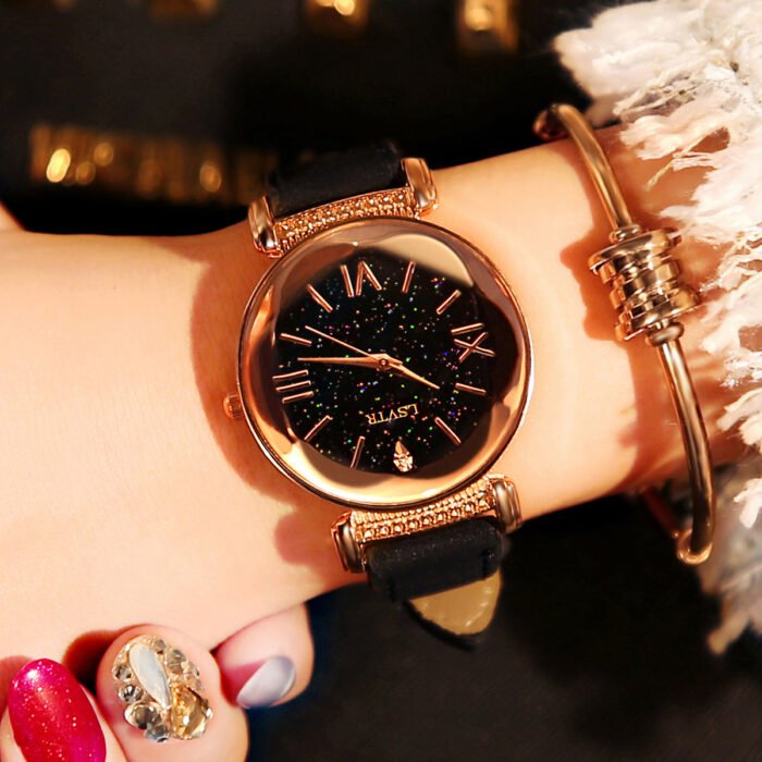 Soft Leather Straps Flower Circular Dial Wrist Watch – black 12