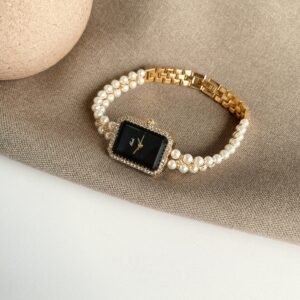 Pearl Chain Square Retro Watch - Golden Black