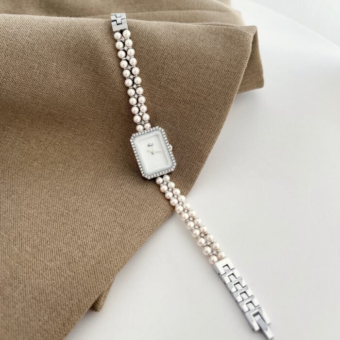 Pearl Chain Square Retro Watch – silver white 10