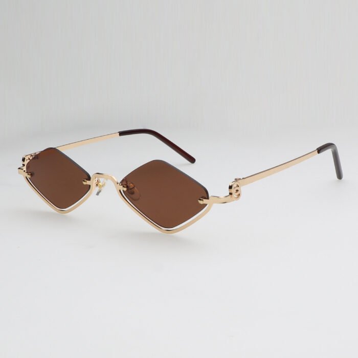 Small Polygonal Metal Half Frame Sunglasses – Gold Tea 8