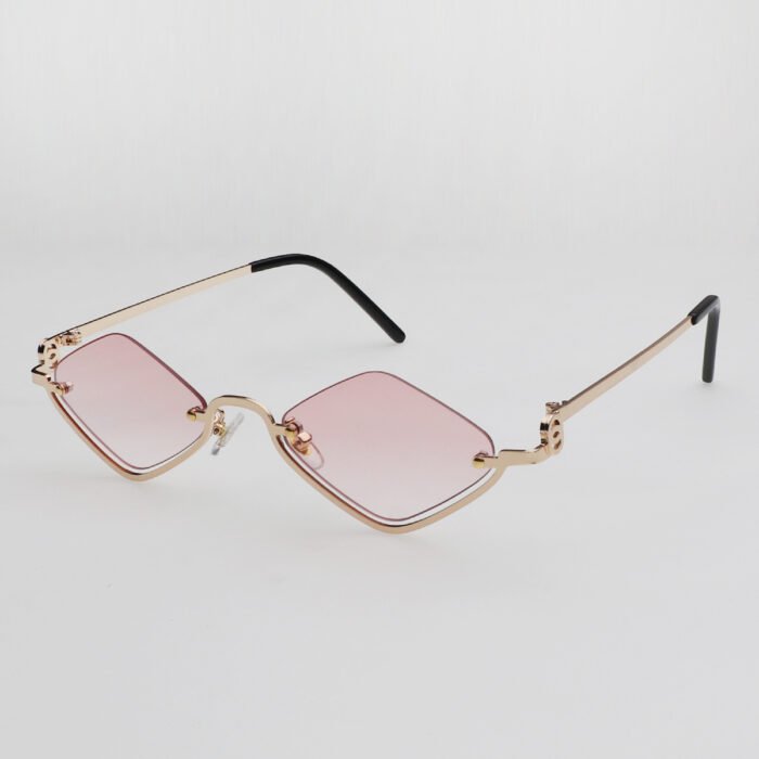 Small Polygonal Metal Half Frame Sunglasses – Gold Pink 9