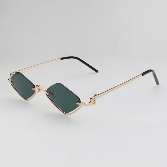 Small Polygonal Metal Half Frame Sunglasses – Gold Green 11