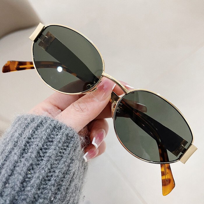Oval Metal Rim And Sides Sunglasses – Gold Green 9