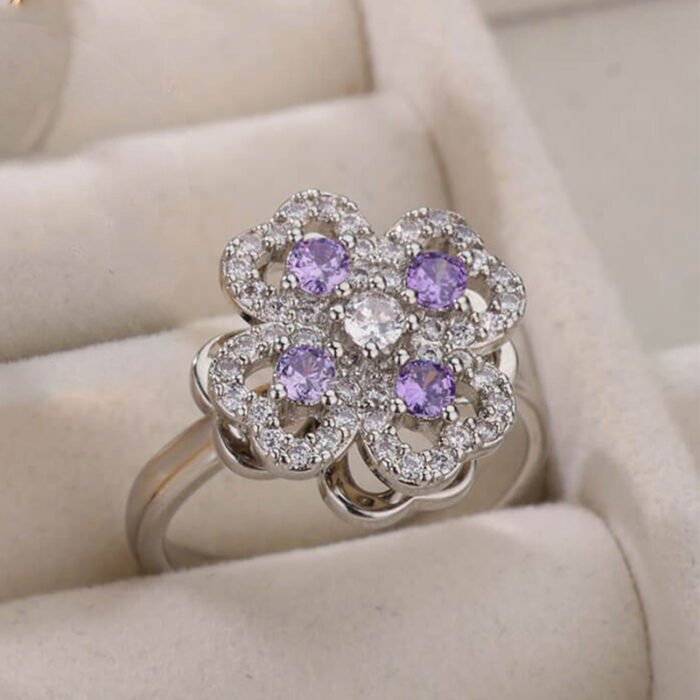 Classic Plant Cubic Zirconia Rotatable Ring – Silver Color A 7