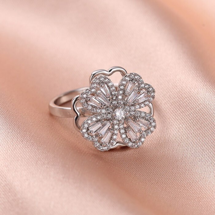 Classic Plant Cubic Zirconia Rotatable Ring – Silver Color B 9