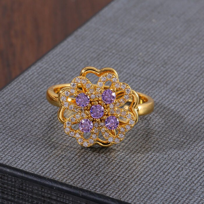 Classic Plant Cubic Zirconia Rotatable Ring – Gold Color A 10