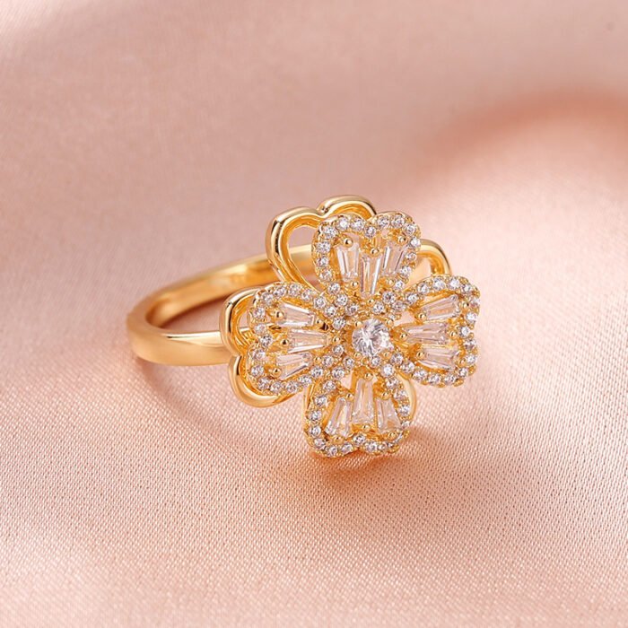 Classic Plant Cubic Zirconia Rotatable Ring – Gold Color B 11