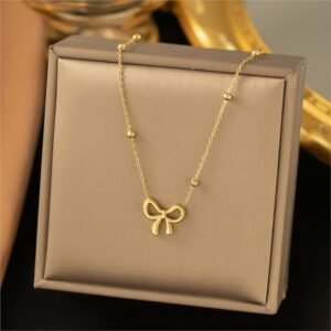 L-316 Stainless Steel Beads Chain Hollow Bowknot Pendant Necklace for Women