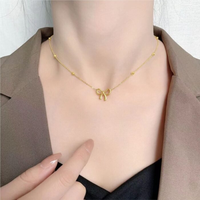 L-316 Stainless Steel Beads Chain Hollow Bowknot Pendant Necklace for Women 3