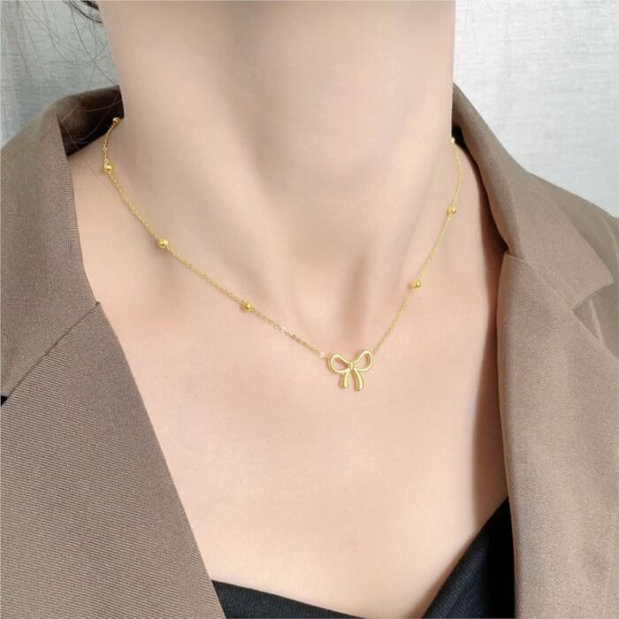 L-316 Stainless Steel Beads Chain Hollow Bowknot Pendant Necklace for Women 5