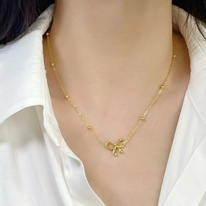 L-316 Stainless Steel Beads Chain Hollow Bowknot Pendant Necklace for Women 6