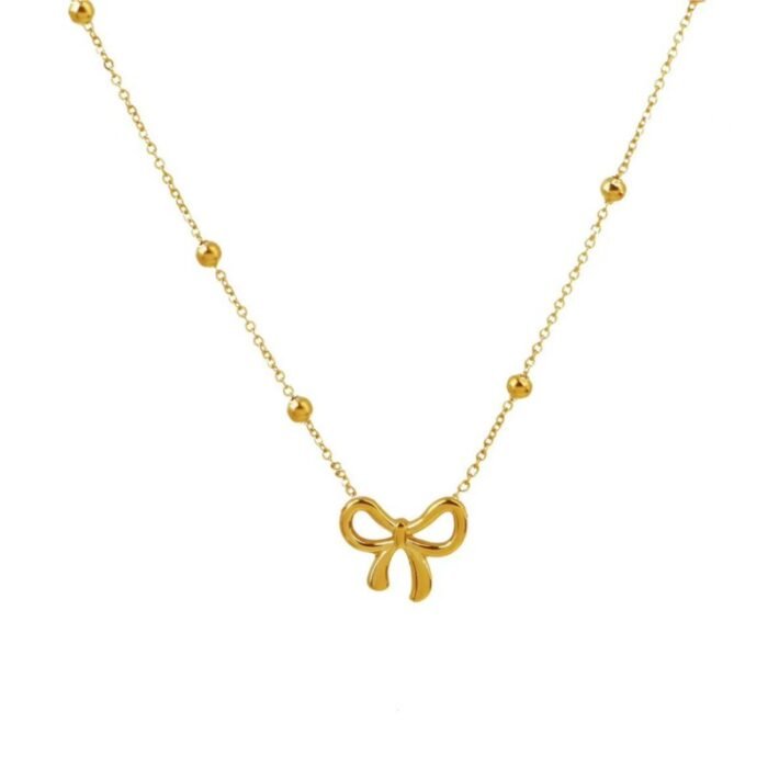 L-316 Stainless Steel Beads Chain Hollow Bowknot Pendant Necklace for Women 7