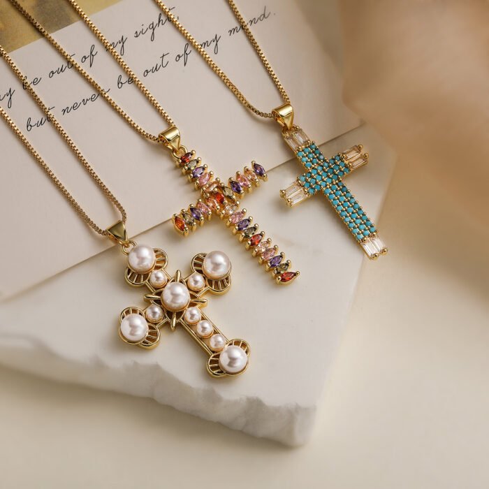 Unique Design Cubic Zirconia Cross Necklaces For Womon Girl, Stainless Steel Chain Party Wedding Jewelry 7