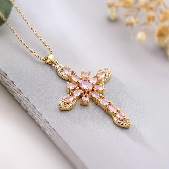 Unique Design Cubic Zirconia Cross Necklaces For Womon Girl, Stainless Steel Chain Party Wedding Jewelry – 23396 9