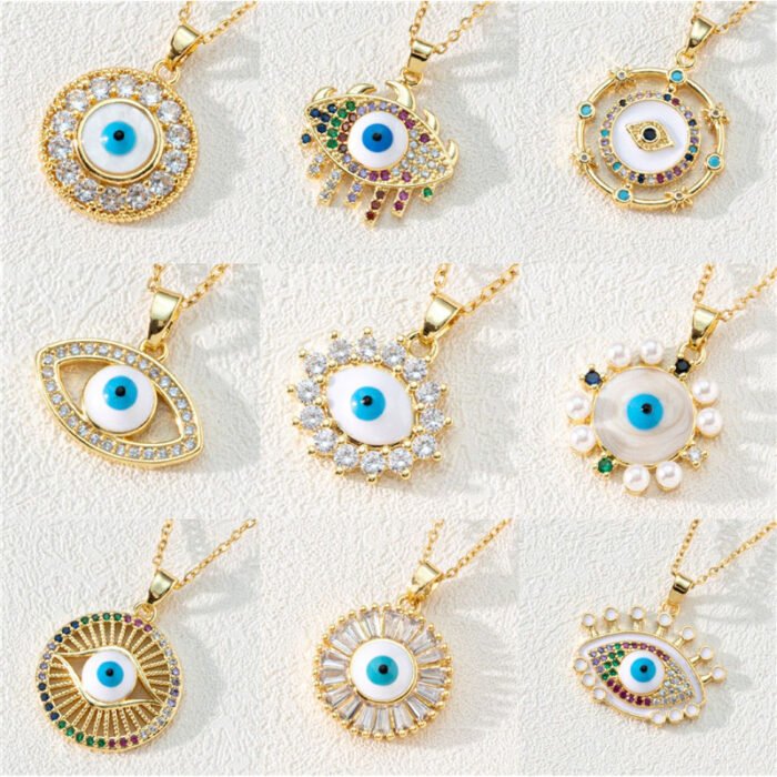 Vintage Zircon Enamel Evil Eyes Pendant Necklace Stainless Steel Trendy Geometric Choker Jewelry Party Gifts For Women Girls 11