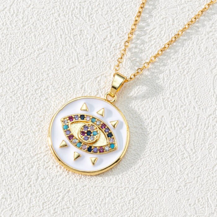 Vintage Zircon Enamel Evil Eyes Pendant Necklace Stainless Steel Trendy Geometric Choker Jewelry Party Gifts For Women Girls – L 18