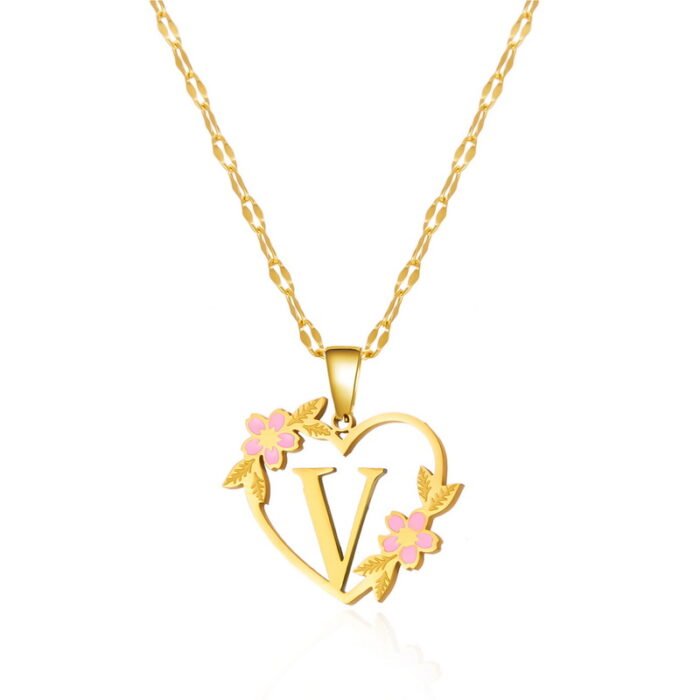Korean Flower Stainless Steel Initial Letter Name Pendant Necklace For Women Men A-Z Letters Friendship Choker Jewelry Gifts – V 5