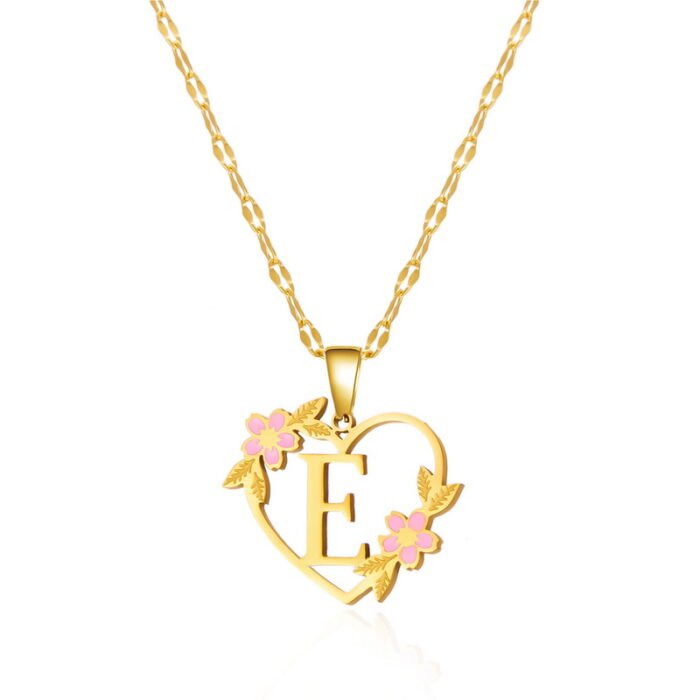 Korean Flower Stainless Steel Initial Letter Name Pendant Necklace For Women Men A-Z Letters Friendship Choker Jewelry Gifts – E 6