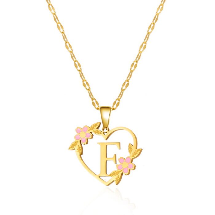 Korean Flower Stainless Steel Initial Letter Name Pendant Necklace For Women Men A-Z Letters Friendship Choker Jewelry Gifts – F 13