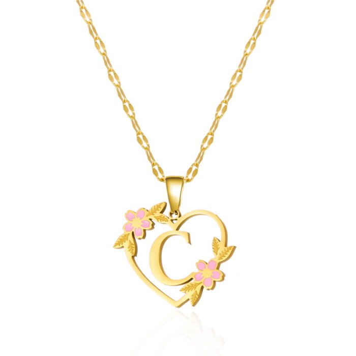 Korean Flower Stainless Steel Initial Letter Name Pendant Necklace For Women Men A-Z Letters Friendship Choker Jewelry Gifts – C 15