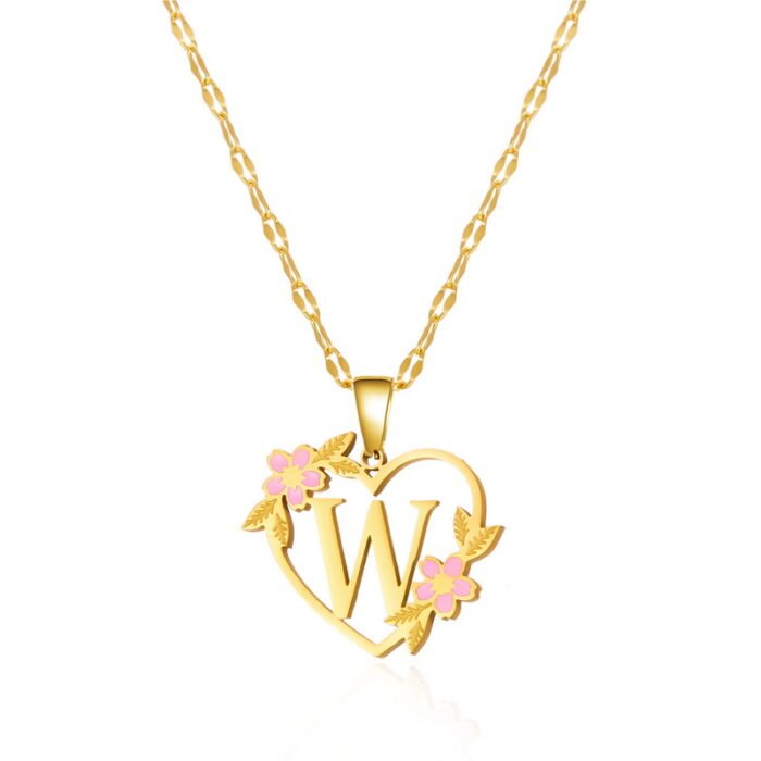 Korean Flower Stainless Steel Initial Letter Name Pendant Necklace For Women Men A-Z Letters Friendship Choker Jewelry Gifts – W 17