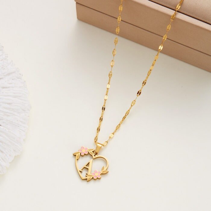 Korean Flower Stainless Steel Initial Letter Name Pendant Necklace For Women Men A-Z Letters Friendship Choker Jewelry Gifts 20