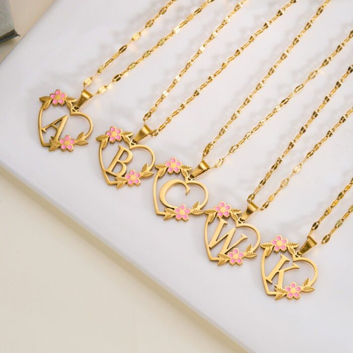 Korean Flower Stainless Steel Initial Letter Name Pendant Necklace For Women Men A-Z Letters Friendship Choker Jewelry Gifts 21