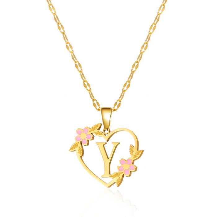 Korean Flower Stainless Steel Initial Letter Name Pendant Necklace For Women Men A-Z Letters Friendship Choker Jewelry Gifts – Y 26