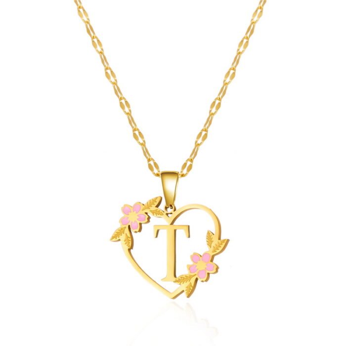 Korean Flower Stainless Steel Initial Letter Name Pendant Necklace For Women Men A-Z Letters Friendship Choker Jewelry Gifts – T 27