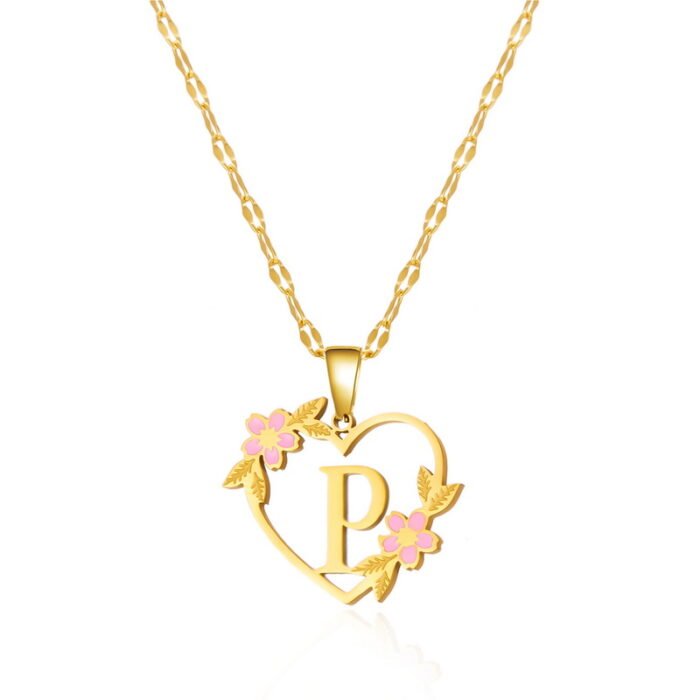 Korean Flower Stainless Steel Initial Letter Name Pendant Necklace For Women Men A-Z Letters Friendship Choker Jewelry Gifts – P 31