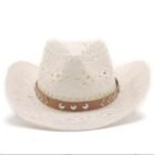 Vintage Summer Beach Bohemian Straw Hat Shell Women Men Western Cowboy Hats Wooden Beads Hollow Out Sun Hat Holiday Cap – white 2 5