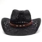 Vintage Summer Beach Bohemian Straw Hat Shell Women Men Western Cowboy Hats Wooden Beads Hollow Out Sun Hat Holiday Cap – black 2 20