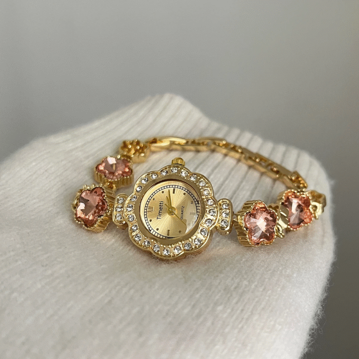 Vintage gold petal-shaped four-leaf clover bracelet Watch – pink 7