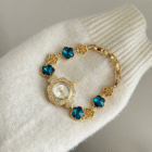 Vintage gold petal-shaped four-leaf clover bracelet Watch – blue 8