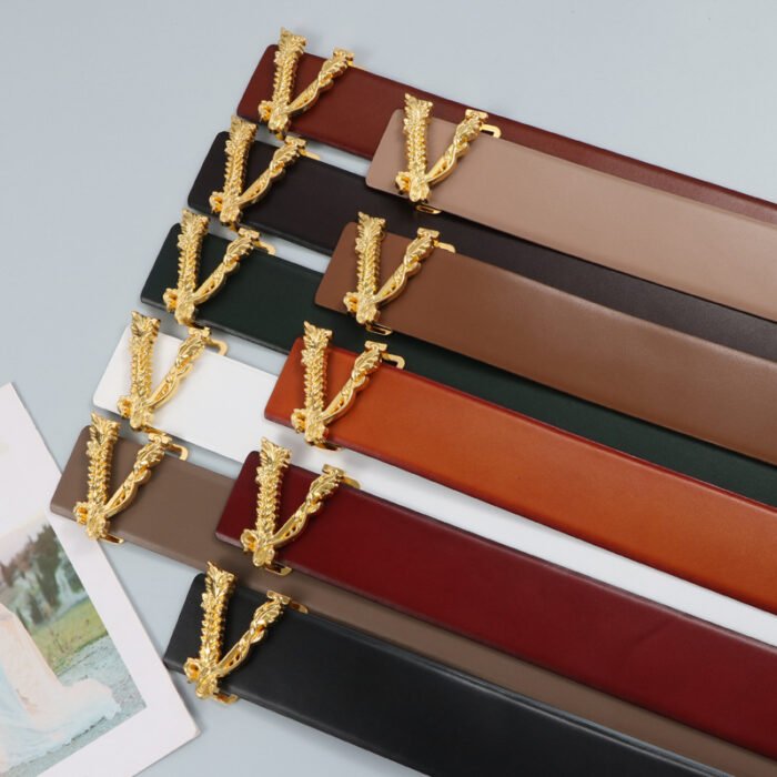 Width 6.5CM Metallic Gold Large V-shaped Cowhide Decoration Waist Belt 4