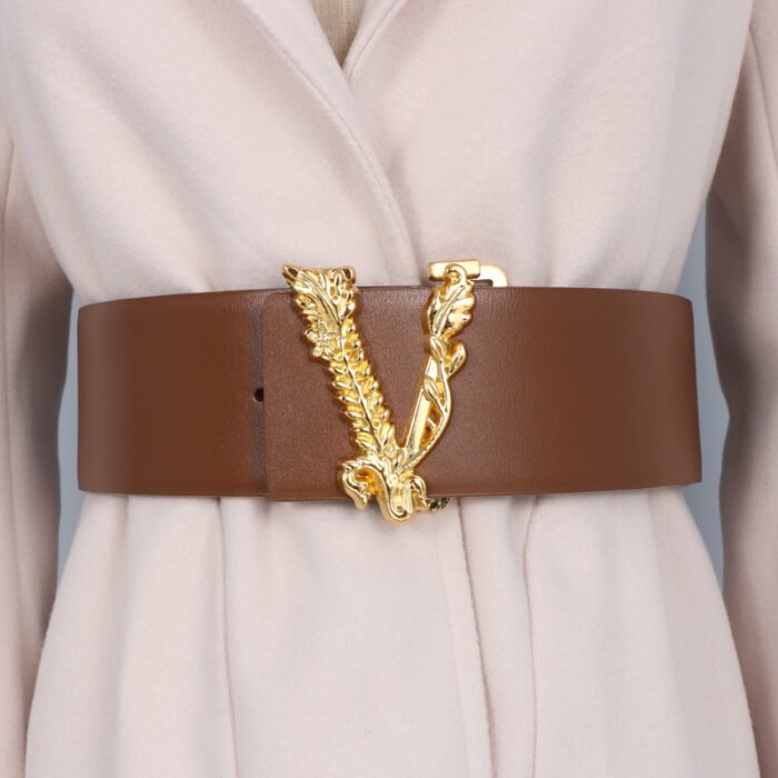 Width 6.5CM Metallic Gold Large V-shaped Cowhide Decoration Waist Belt 5