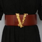 Width 6.5CM Metallic Gold Large V-shaped Cowhide Decoration Waist Belt 6