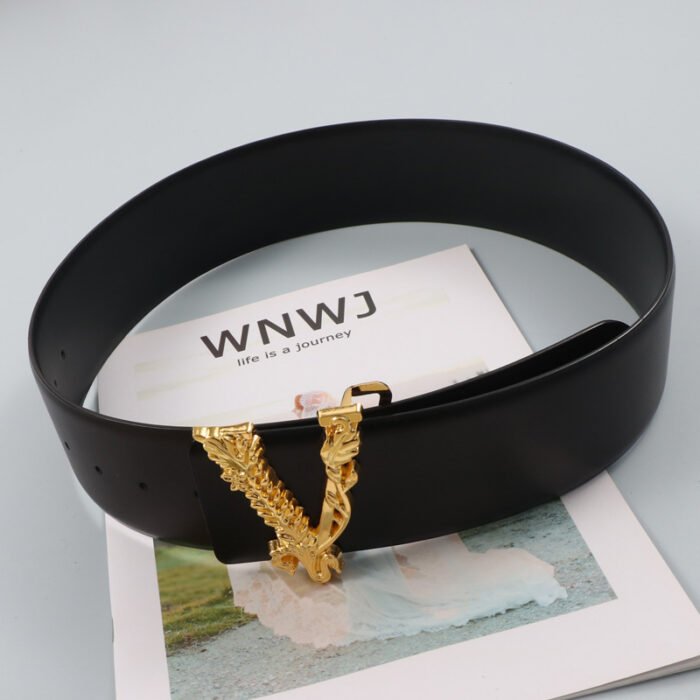 Width 6.5CM Metallic Gold Large V-shaped Cowhide Decoration Waist Belt – black 10
