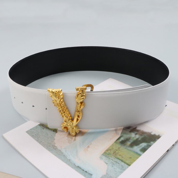Width 6.5CM Metallic Gold Large V-shaped Cowhide Decoration Waist Belt – white 11
