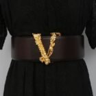 Width 6.5CM Metallic Gold Large V-shaped Cowhide Decoration Waist Belt – coffee 12