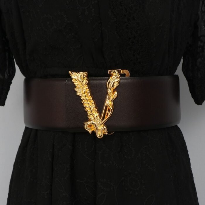 Width 6.5CM Metallic Gold Large V-shaped Cowhide Decoration Waist Belt – coffee 12