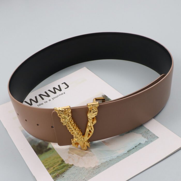 Width 6.5CM Metallic Gold Large V-shaped Cowhide Decoration Waist Belt – apricot 14