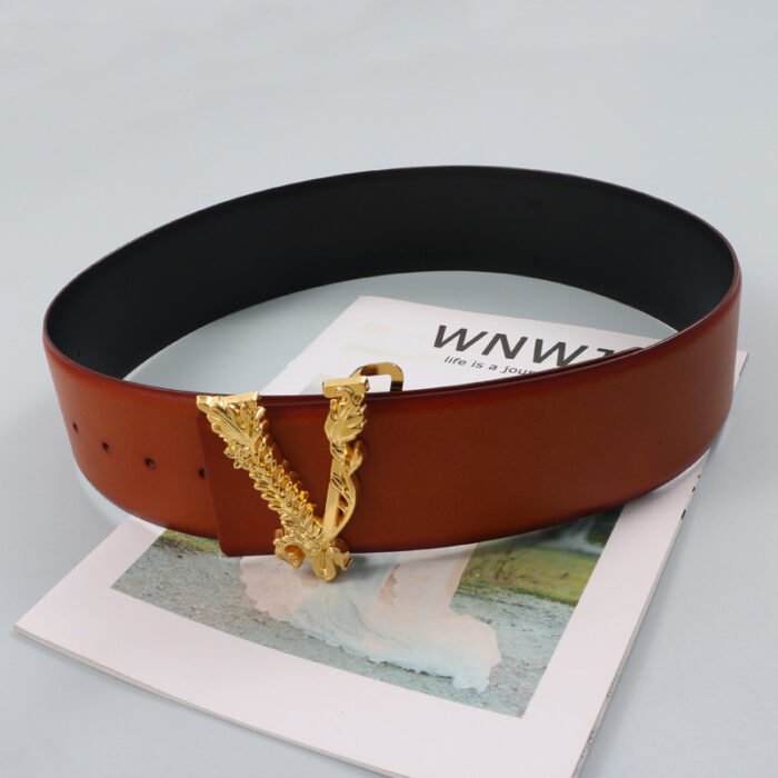 Width 6.5CM Metallic Gold Large V-shaped Cowhide Decoration Waist Belt – camel 16