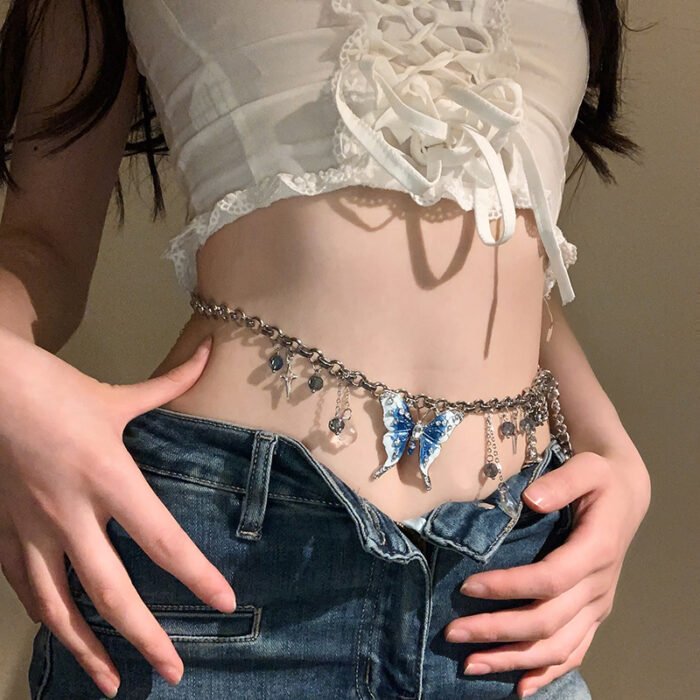 Blue Butterfly Pendant Tassels Beaded Waist Chain Belt – A 2