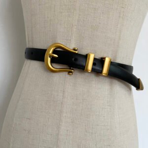 Gold Buckle PU Leather Narrow Belt