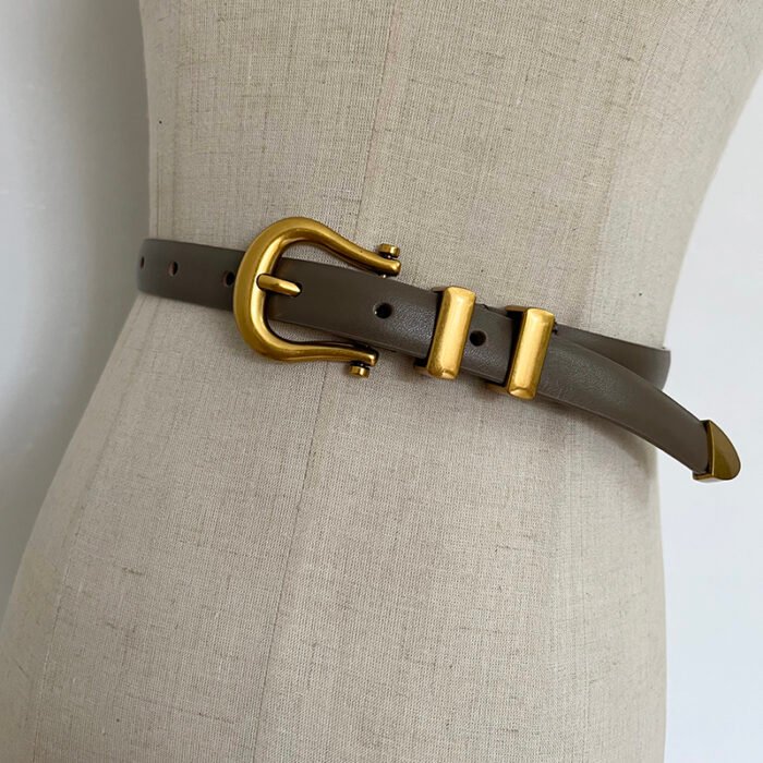 Gold Buckle Pu Leather Cummerbunds Narrow Belt – khaki 7